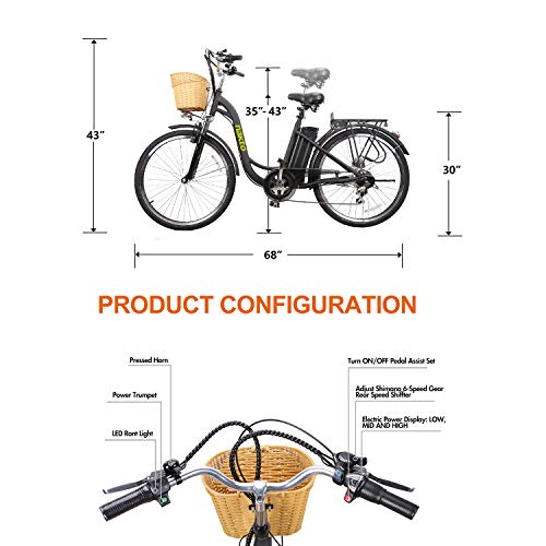 NAKTO Electric Bike Electric City Bike 350W Ebike 26'' Electric Bicycle